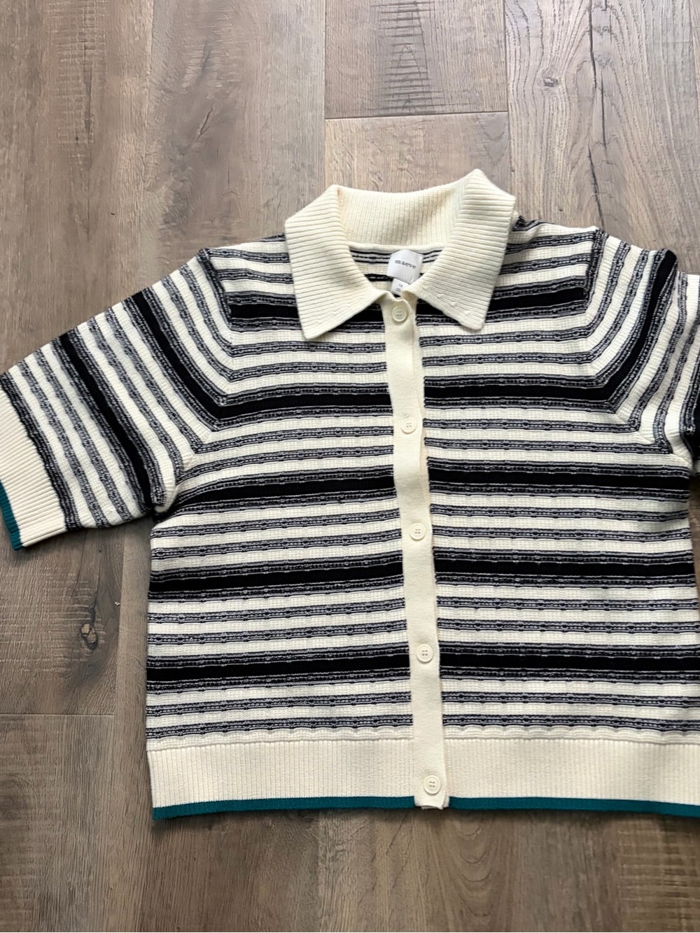 Maeve Cream, Black & Teal Striped Knit Button-Down Kids Top
